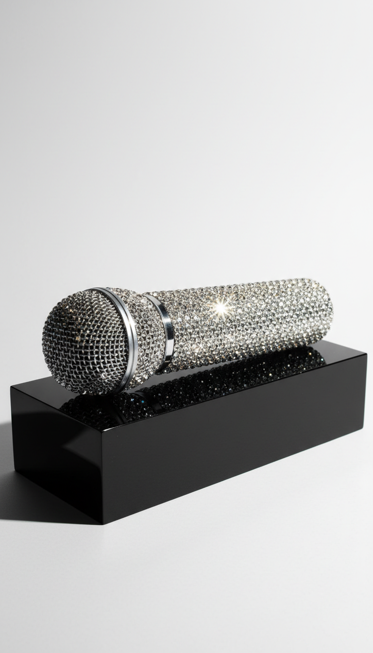 A dazzling rhinestone-studded microphone resting on a sleek black acrylic block, surrounded by a pristine white minimalist environment. Strong, focused directional lighting from the right causes each rhinestone to glint with pinpoint highlights, while creating clean, graphic shadows on the surface. The image is photographed in a close-up, centered composition, drawing attention to the intricate detail and tactile qualities of the microphone, symbolizing both performance and bold self-expression inherent in drag art. The overall style is clean, modern, and visually powerful, with a photographic, high-impact look that fits an energetic artist’s portfolio.