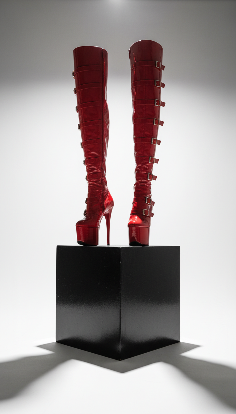 A pair of impossibly high, red patent-leather platform boots standing confidently on a lacquered black cube, surrounded by a stark, unadorned white backdrop. Sharp directional lighting from above accentuates the glossy sheen and dramatic curves, casting pronounced crisp-edged shadows that extend across the floor. The camera uses a low-angle perspective to create a towering impression, reinforcing the bold and powerful personality of the site. The image is composed with isolated, photographic minimalism and vibrant color, channeling the fierce confidence of a New York drag performer.