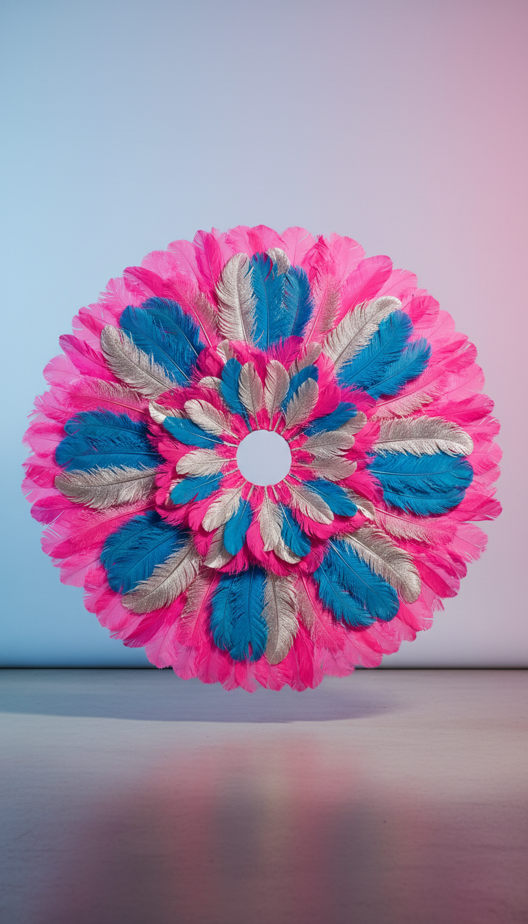 A vibrant, oversized feather fan crafted with layers of neon-pink, electric blue, and shimmering silver plumes, opened fully and set against a seamless, ultra-matte pastel background. The feathers’ fine barbs and metallic highlights are captured in striking detail under a sharp side light, casting memorable crisp shadows on the minimalist floor. Shot from a straight-on perspective, the image has a centered, symmetrical composition and shallow depth of field, emphasizing texture and color. The mood is unapologetically bold and dynamic, capturing the celebration of flamboyant creativity found in New York’s drag scene.